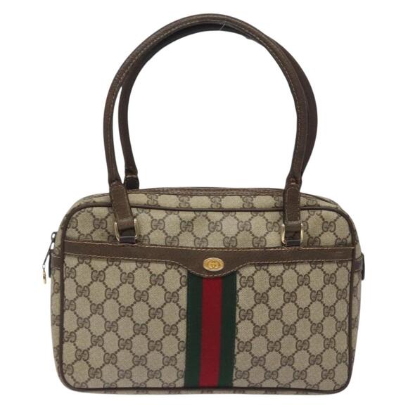 GUCCI GG Supreme Web Sherry Line Hand Bag Pvc Beige Gold Red - Picture 2 of 16